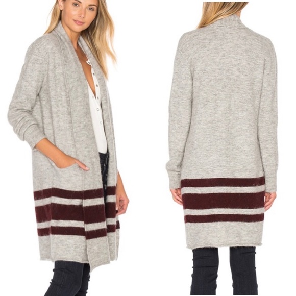 PAIGE Maison Cardigan Grey & Cabernet Stripe Open Front Alpaca Duster Sweater M - Picture 3 of 16